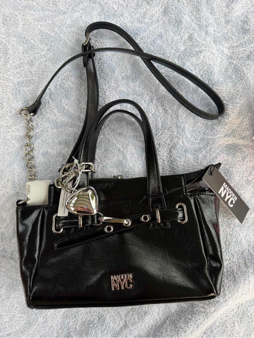 Madden NYC Black Patent Tote Bag with Heart Charm
